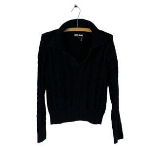 DKNY Black Cable Knit Polo Sweater Womens Medium Blokette Preppy Chunky